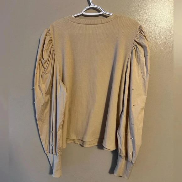 Dolan Puff Sleeve Pearl Embellished Blouse Shirt‎ Tan Crewneck 3X Ribbed - Picture 2 of 6